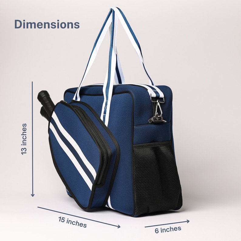 May include: A blue and white striped duffel bag with a separate compartment for a paddle. The bag measures 15 inches wide, 13 inches tall, and 6 inches deep.