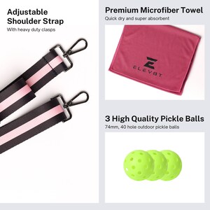 May include: A set of pickleball equipment including three lime green pickleballs, a pink microfiber towel with the text "ELEVBT" and an adjustable black and pink shoulder strap with heavy duty clasps.