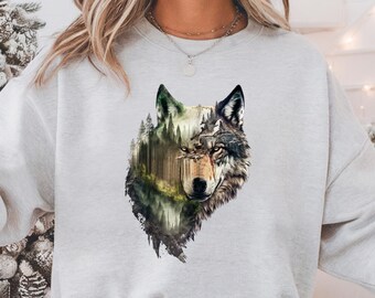 Retro Wolves Howling At The Moon Sweatshirt - 90s Wolf Foggy Forest Wilderness Outfit - Boho Unisex Crewneck Sweatshirt