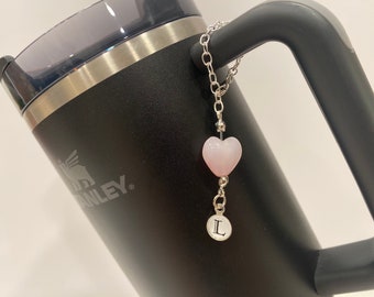 Personalized heart tumbler charm. Silver letter charm with pink heart. Tumbler Accessory, Tumbler Handle Charm. Charm for Tumbler