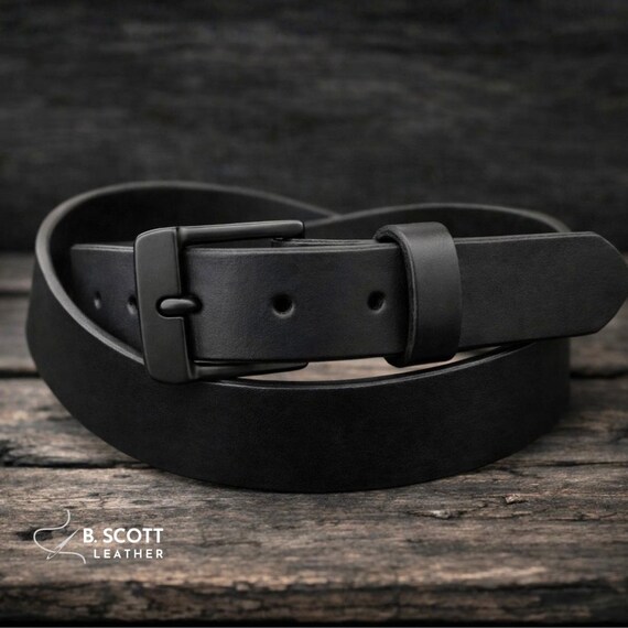 Full Grain BLACK Leather Belt, BLACK Buckle, Handmade, Made in USA 1.5 Inch wide