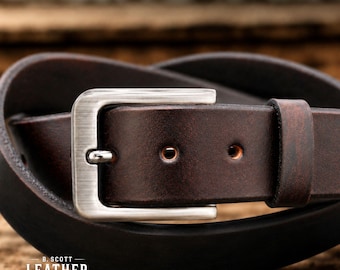 Handmade Extra Thick Black Brown Leather Belt, Mohogany Brown Leather Belt, Full Grain 1.5” Wide, Personalized Gift - Made in La Verne, CA