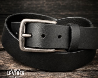 Handmade Extra Thick BLACK  Leather Belt, Full Grain 1.5” & 1.25” Wide, Made in La Verne, CA