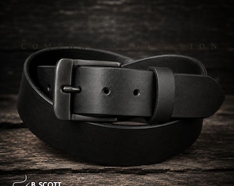 Full Grain BLACK Leather Belt, BLACK Buckle, Handmade, Made in USA 1.5 Inch wide