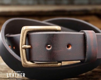 Handmade Extra Thick Black Brown Leather Belt, Mohogany Brown Leather Belt, Full Grain 1.5” Wide, Personalized Gift - Made in La Verne, CA