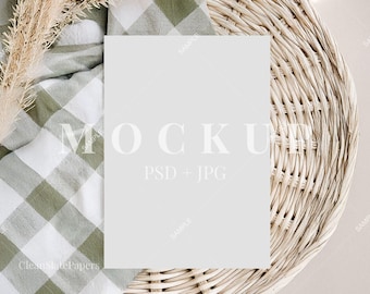 Green Plaid 5x7 Invitation Mockup: Boho Stationery Card (PSD & JPG)