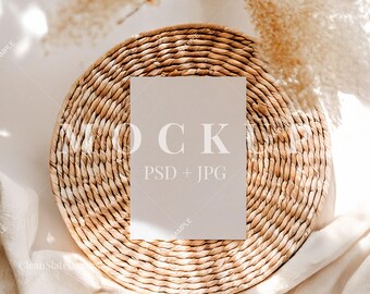 Boho 5x7 Invitation Mockup: Wicker Plate, Pampas Grass (PSD & JPG)