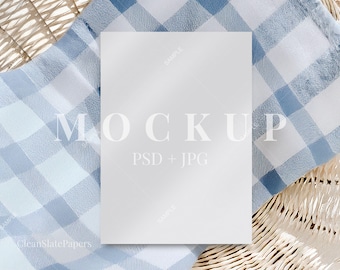5x7 Baby Shower Card Mockup: Blue Picnic Plaid (PSD & JPG)