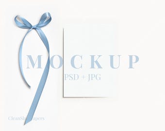Blue Bow Card Mockup: 5x7 Invitation, Stationery (PSD & JPG)