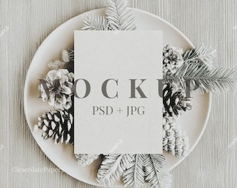 Christmas Card Mockup: Rustic Winter Pinecone & Greenery 5x7 Invitation (PSD Template)