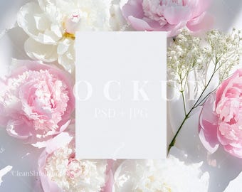Peony Invitation Mockup: 5x7 Vertical Card, PSD & JPG