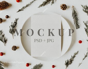 Christmas Card Mockup: Rustic Pinecone & Winter Berry 5x7 Invitation (PSD Template)