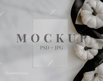 5x7 Fall Card Mockup: White Pumpkin Autumn & Black Ribbon Bow (PSD File)