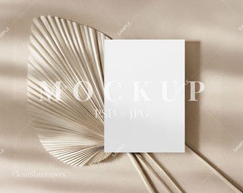 Boho 5x7 Card Mockup: Vertical Invitation with Palm Leaf (PSD & JPG)