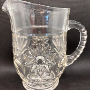 5&quot; Vintage ANCHOR HOCKING Prescut Clear Pint Pitcher pressed depression glass star pattern
