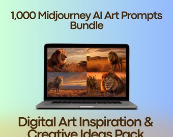 May include: A laptop computer screen displaying a collage of four images of lions in a savanna setting. The text "1,000 Midjourney AI Art Prompts Bundle" is displayed above the laptop. The text "Digital Art Inspiration & Creative Ideas Pack" is displayed below the laptop.