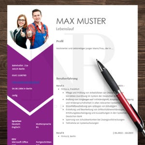 May include: A resume with the name Max Muster at the top. The resume includes a profile section, work experience, and language skills. The resume is in German.