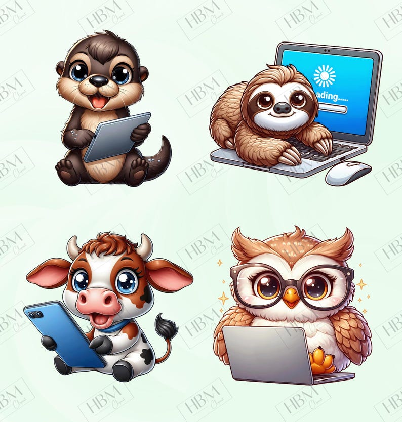 Animal Computer Clips Cute Cartoon Tech Animals Clipart Bundle, Whimsical Gadgets Stickers ...