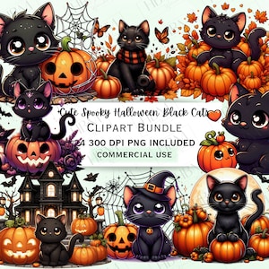 Lindo paquete de imágenes prediseñadas de gatos negros de Halloween de dibujos animados, pegatinas festivas espeluznantes, gatito adorable divertido, PNG de calabaza para decoración, uso comercial