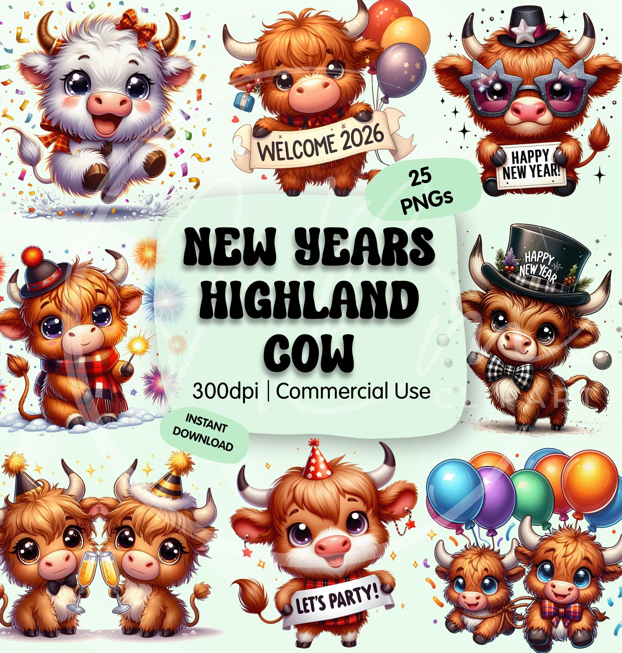 Cute Cartoon New Year Highland Cow Clipart Bundle, Whimsical Party ...