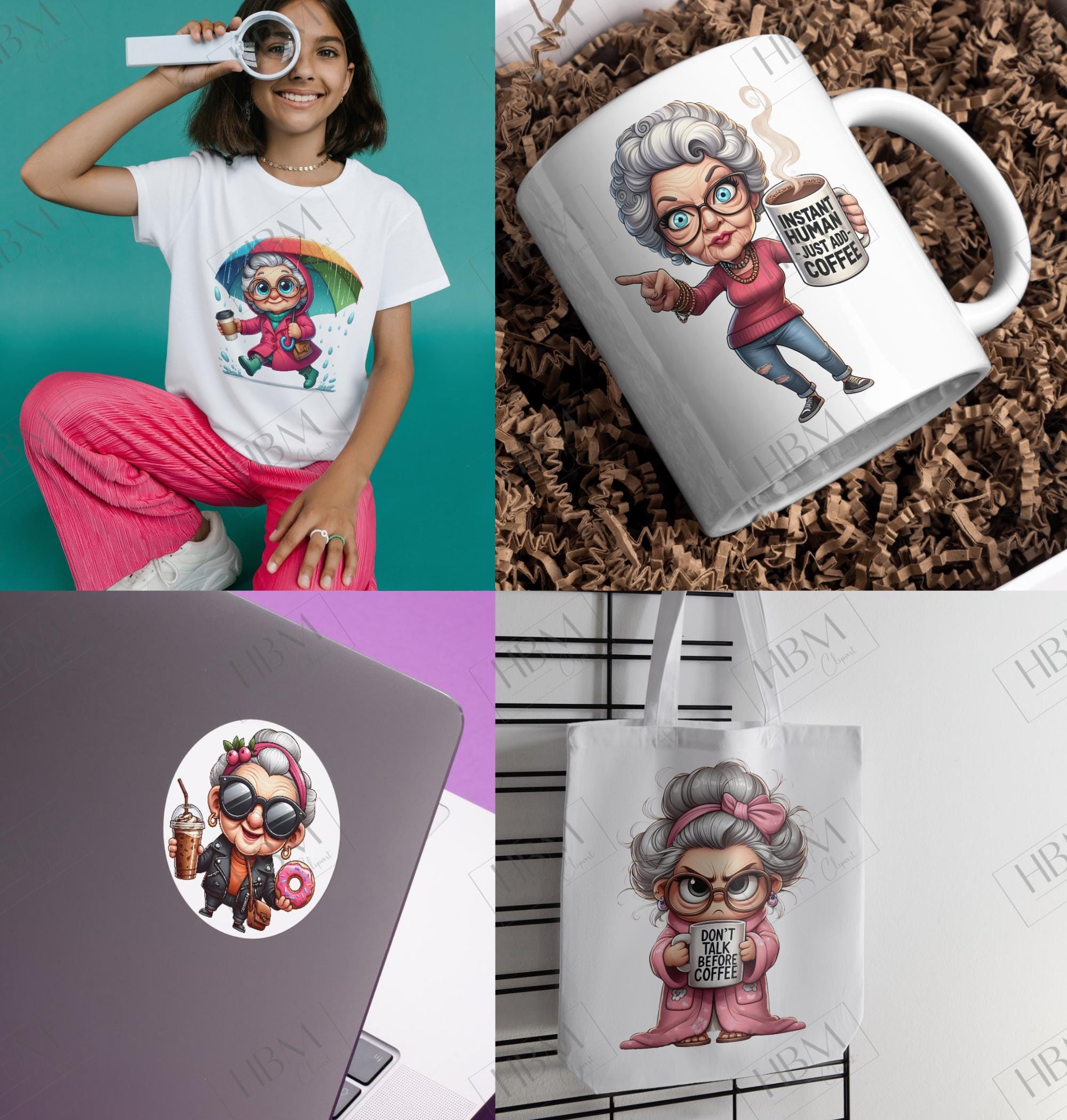 Funny Coffee Grandma Clipart Bundle, Sassy Senior PNG Bundle, Quirky ...