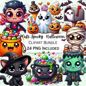 Lindo paquete de imágenes prediseñadas de dibujos animados espeluznantes de Halloween, Pegatinas de calabaza, Gráficos adorables de brujas, Zombi inquietante PNG, Momia Kawaii, Uso comercial