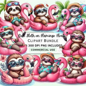 Uroczy leniwiec na pływających flamingach Clipart Bundle, Letni wystrój pokoju dziecięcego, Przyjęcie przy basenie PNG do sublimacji, 24 ilustracje z kreskówek
