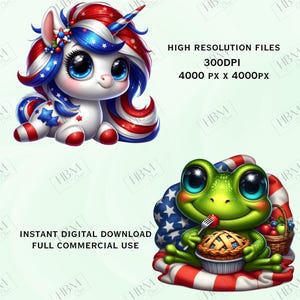 May include: Digital illustration of a patriotic unicorn and a frog. The unicorn is white with red, white, and blue accents. The frog is green and holds a pie and a fork. The image includes the text: "HIGH RESOLUTION FILES 300DPI 4000 PX X 4000PX" and "INSTANT DIGITAL DOWNLOAD FULL COMMERCIAL USE".
