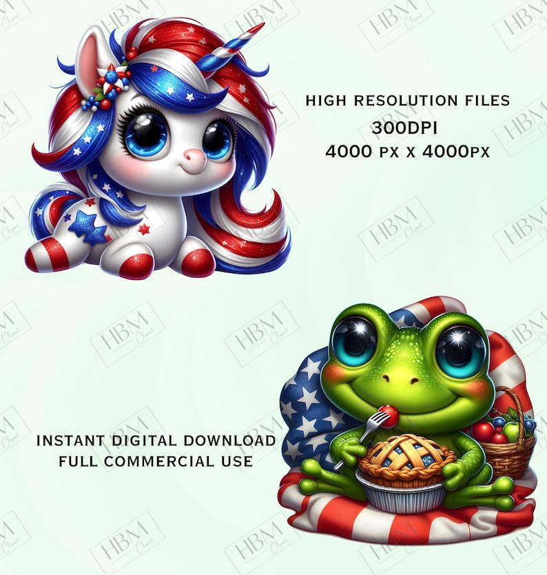 May include: Digital illustration of a patriotic unicorn and a frog. The unicorn is white with red, white, and blue accents. The frog is green and holds a pie and a fork. The image includes the text: "HIGH RESOLUTION FILES 300DPI 4000 PX X 4000PX" and "INSTANT DIGITAL DOWNLOAD FULL COMMERCIAL USE".