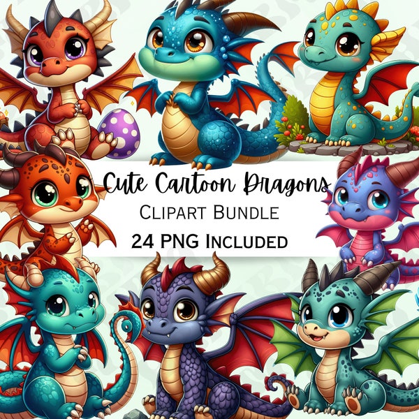 22 Cute Cartoon Dragons Clipart Bundle, Fantasy Nursery Decor, Mythical Baby Wall Art, Magical Animals PNG for invitations, Stickers