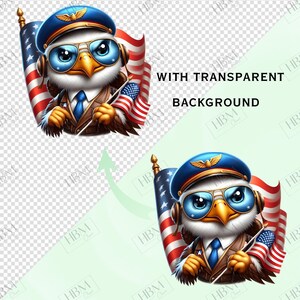 May include: A digital illustration of an eagle wearing a pilot's hat, aviator glasses, and a suit, holding American flags. The image includes the text "WITH TRANSPARENT BACKGROUND". The eagle is set against a transparent background.