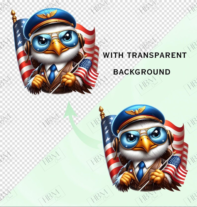 May include: A digital illustration of an eagle wearing a pilot's hat, aviator glasses, and a suit, holding American flags. The image includes the text "WITH TRANSPARENT BACKGROUND". The eagle is set against a transparent background.