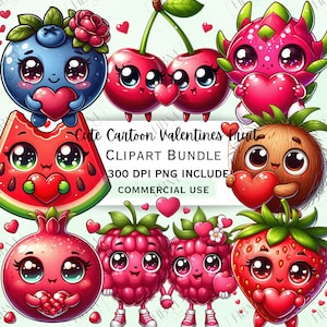 Niedliches Cartoon Valentinstag Obst Clipart Bundle, Kawaii Liebe Aufkleber, entzückende lustige Dekoration, wunderliches PNG für die Einladungen