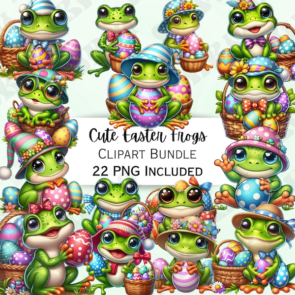 22 Cute Easter Frog Clipart Bundle, Tadpole Stickers, Adorable Baby Wall Art, Amphibian PNG,  invitations Sticker, Cartoon Chocolate eggs