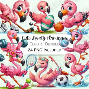 Lindo paquete de imágenes prediseñadas de flamencos deportivos de dibujos animados, decoración de vivero de aves, adorable arte de pared para bebés, PNG humorístico, ducha infantil divertida