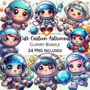 Niedliches Cartoon-Astronauten-Clipart-Bundle, Raumanzug-Helmaufkleber, entzückende Weltraumdekorationen, skurriles PNG für Einladungen, Grußkarte