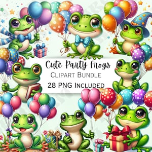 28 leuke partij kikkers clipart bundel, cartoon ballon sticker, schattige feestdecoraties, grillige PNG voor uitnodigingen, wenskaarten