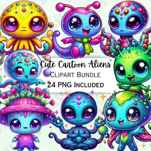 Lindo paquete de imágenes prediseñadas alienígenas de dibujos animados, pegatina del espacio exterior, adorables decoraciones extraterrestres, PNG caprichoso para invitaciones, tarjeta de felicitación