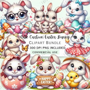 Niedliches Cartoon Osterhase Clipart Bundle, Freudiger Küken-Aufkleber, entzückende Kaninchen-Grafik, wunderliche Schokoladeneier PNG, kommerzielle Nutzung