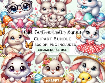 Cute Cartoon Easter Bunny Clipart Bundle, Joyful Chick Sticker, Adorable Rabbit Graphic, Whimsical Chocolate Eggs PNG, Commercial Use