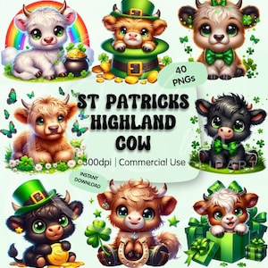 May include: A digital art collection featuring cartoon Highland cows with St. Patrick's Day themes. The images include cows with leprechaun hats, shamrocks, rainbows, and gold coins. The text reads "St Patricks Highland Cow" and "Instant Download".