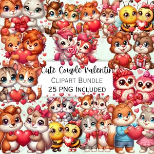 Pacote de clipart de animais fofos para o dia dos namorados, personagens caprichosos, adorável PNG kawaii em forma de coração para convites, uso comercial