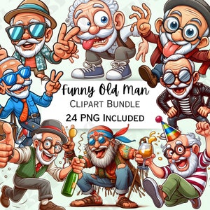 Lustiges Cartoon-Alte-Männer-Clipart-Bundle, Opa-Aufkleber, betrunkener Großvater-Dekorationen, skurriles PNG für Einladungen, Grußkarten