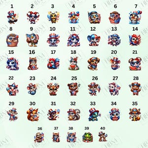 May include: A selection of 40 patriotic animal illustrations, each decorated with red, white, and blue details. The designs feature various creatures, including owls, cats, dogs, and squirrels, celebrating Independence Day.