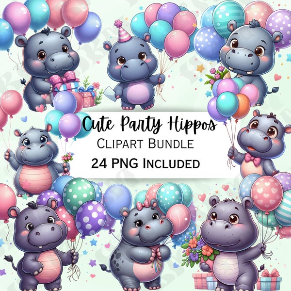 24 Cute Party Hippo Clipart Bundle, Cartoon Balloon Sticker, Adorable Party Decorations, Whimsical PNG for invitations, Greeting cards