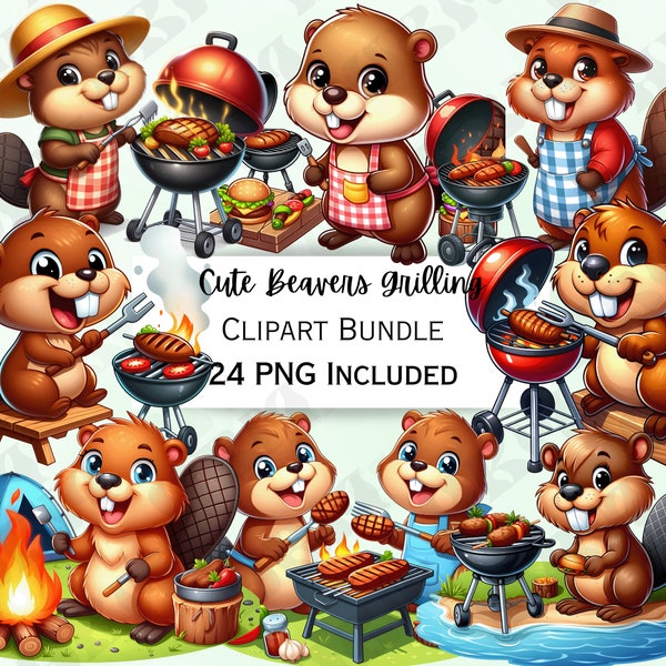 Süßes Biber-Grill-Clipart-Bundle, Grill-Kinderzimmerdekoration, Outdoor-Kochen-Baby-Wandkunst, Tiere PNG für Einladungen, Grillaufkleber