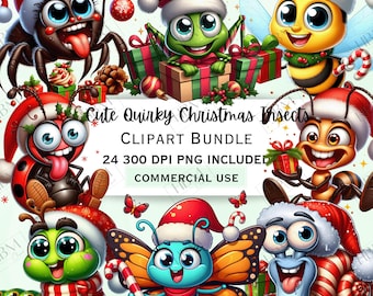 Cute Cartoon Quirky Christmas Insects Clipart Bundle, Festive Baby Bug Sticker, Adorable Xmas Graphic, Winter Season PNG, Commercial Use