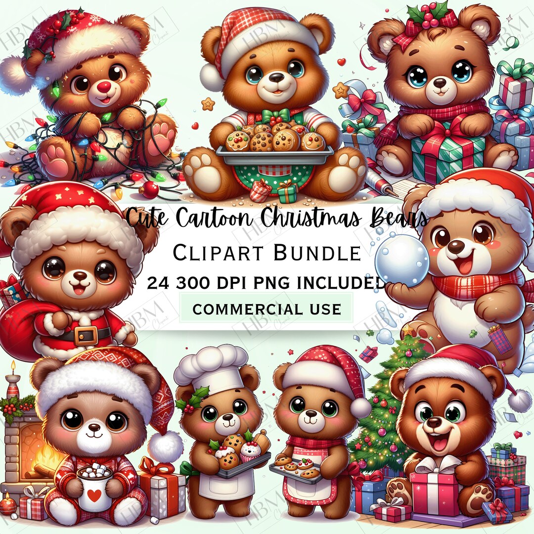 Cute Christmas Bears Clipart Bundle, Festive
