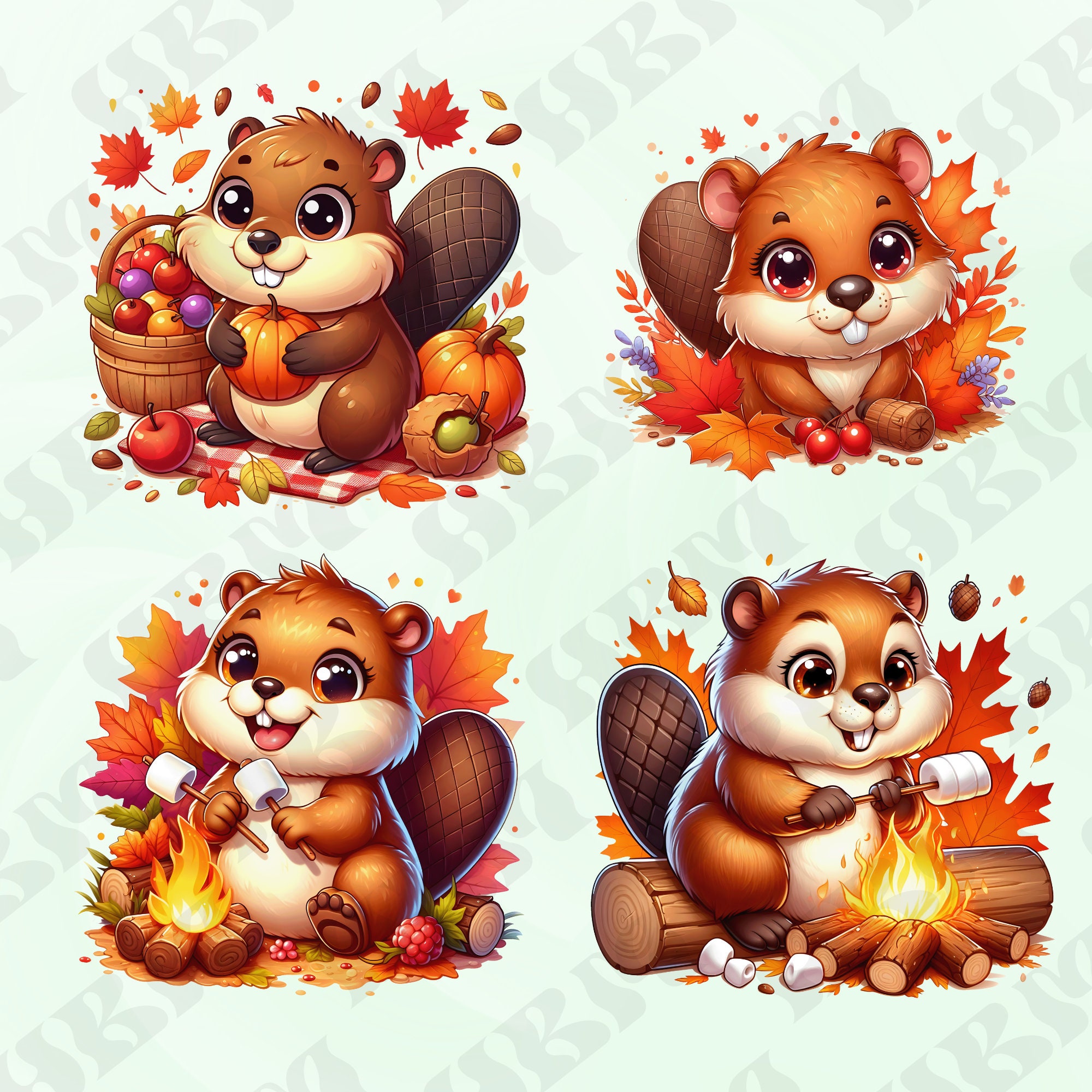 Cute Cartoon Autumn Beaver's Clipart Bundle, Fall Nursery Decor, Leaves ...