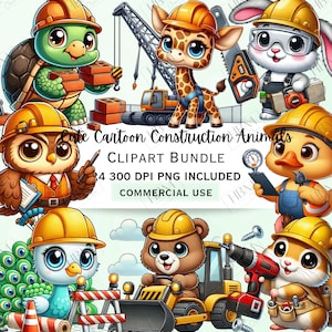 Cute Cartoon Construction Animals Clipart Bundle, Whimsical Builder Stickers, Adorable Quirky Hard Hat PNG for Invitations, Commercial Use